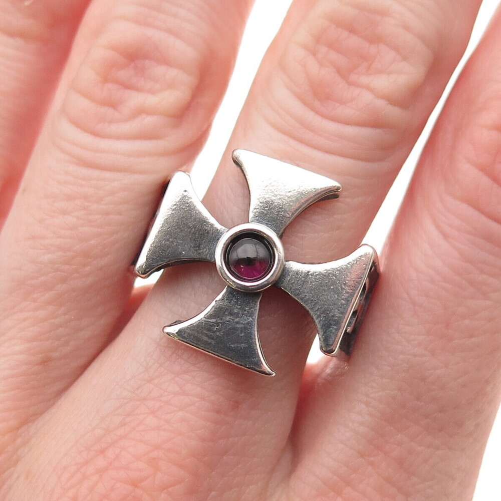 925 Sterling Silver Vintage Real Rhodolite Gothic Cross Oxidized Ring Size 12